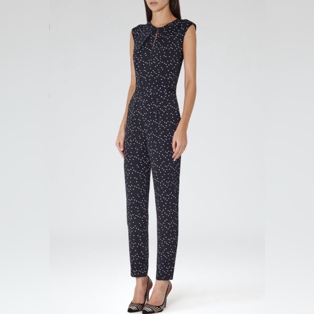 Reiss Navy Polka Dot Sleeveless Jumpsuit